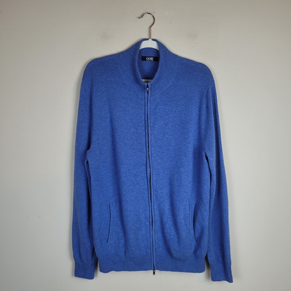 Gobi Sweater Large Blue Mongolian Cashmere Full Zip Mock Neck Cardigan Pockets